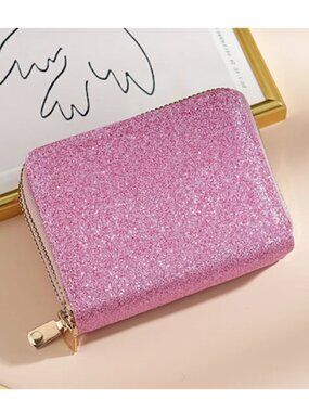 Women’s Pink Glitter Wallet Double Zip Accordion Card Holder Coin Purse Glam NEW